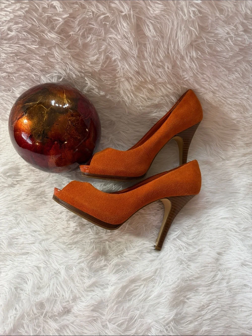 Steve Madden Orange Suede Peep-Toe Platform Heels | Size 9